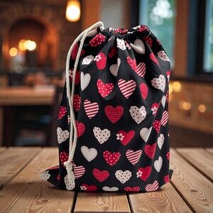 Red Heart & Black Cotton Bread Bag, Reusable Sourdough Storage, Valentine Farmho